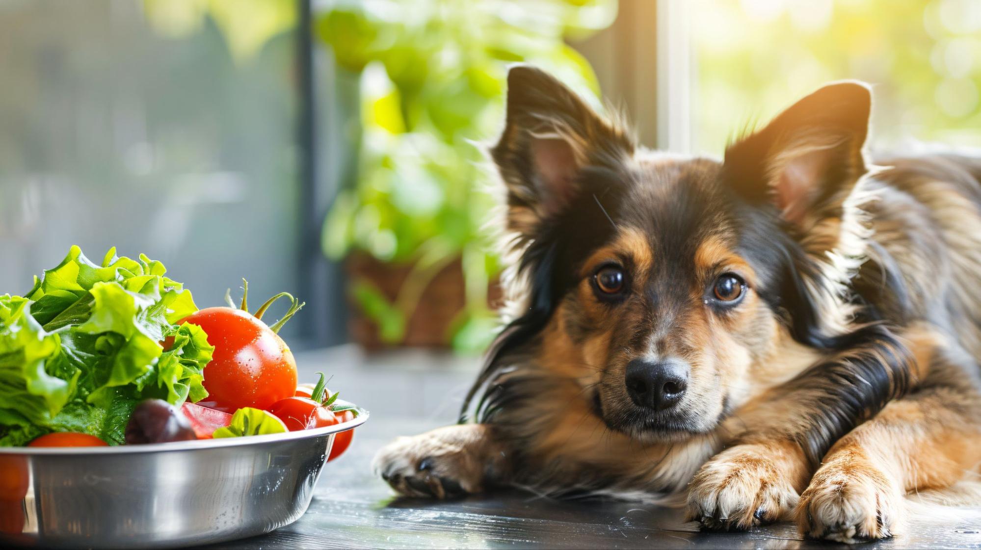 狗狗趴在地上旁邊放著蔬菜